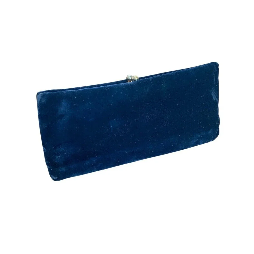 Vintage Frilo Clutch Purse Womens Small Black Velvet Gold Satin Lined Kiss Lock